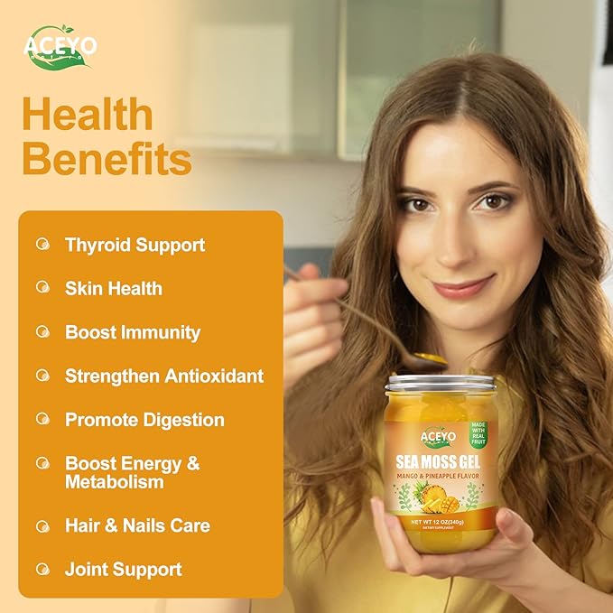 (12 OZ) Irish Sea Moss Gel Raw Vegan Mango Pineapple Flavor 102 Vitamins and Minerals Wild Harvested Non-GMO Immune Defense Booster Thyroid Digestive Support