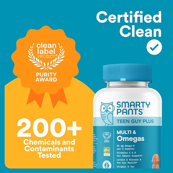 SmartyPants Teen Guy Multivitamin Gummies - Improved Formula: Omega 3 (DHA/EPA), Vitamin D3, C, Vitamin B12, B6, A, K & Zinc, Folate, Gluten Free, Fruit Flavor, 60 Count (30 Day Supply)