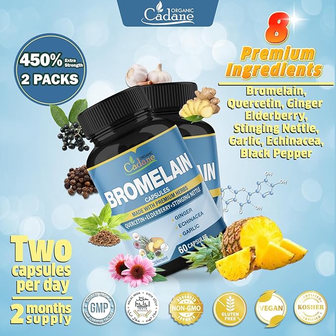 Organic Cadane 2 Packs 60caps of Bromelain Supplement Capsules, with Quercetin, Elderberry, Ginger, Echinacea, Garlic, Black Pepper, 2 Months Supply