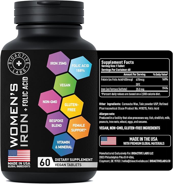 Vegan Iron Supplements for Women with Folic Acid - 168% Folate Folic Acid, 194% Ferrous Sulfate Blood Builder with Anemia and Pregnant Women - 60 Gluten-Free Gentle Iron Tablets