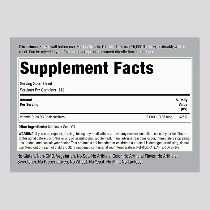 Piping Rock Vitamin D3 Liquid 5000 IU (125 mcg) | 2 oz | Vitamin D Drops for Adults | Vegetarian, Non-GMO, Gluten Free Supplement