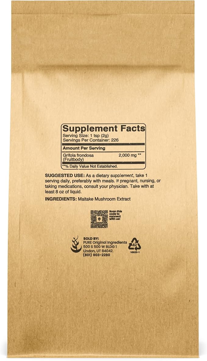 Pure Original Ingredients Maitake Mushroom Powder (1lb) Hen-of-The-Woods, Non-GMO, Lab-Verified.