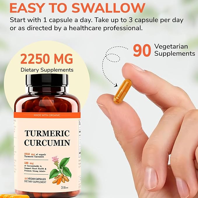 Curcumin Turmeric 2250 mg - 95% Curcuminoids, Turmeric Supplement Improved Absorption - Daily Joint & Immune Support - Vegan, Non-GMO,90 Capsules (1pcs)