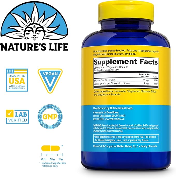 Nature's Life Zinc Picolinate 30mg Plus 2mg of Copper - Chelated Zinc Supplement for Immune, Cardiovascular, Skin, Cellular Function, and Muscle Support - 60-Day Guarantee - 250 Servings, 250 Capsules