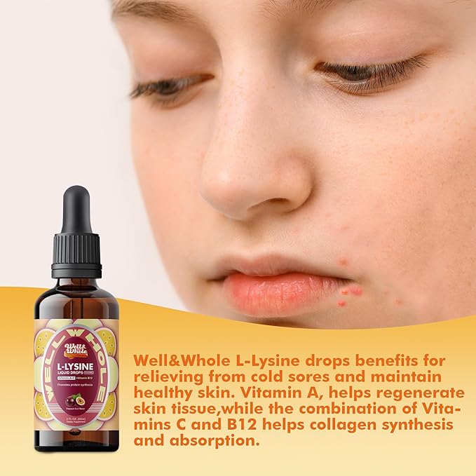 L-Lysine Supplement Liquid Drops | L-Lysine 1000mg Tincture with Vitamin A, C, and B12 for Adults & Kids | Immune Support, Skin & Lips Health, Collagen Synthesis | Non-GMO, Vegan, 2 Fl Oz (60 ML)