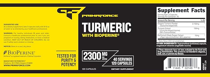 Primaforce Turmeric with Bioperine 120 Capsules, 2300 mg Per Serving - Dietary Supplement, 40 Servings