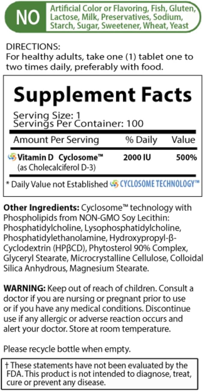 NATURE'S ESSENTIALS Vitamin D3 2000IU | Immune Support | Advanced Cyclosome Liposomal Delivery | Non-GMO, Gluten Free, Vegetarian | 100 Tablets