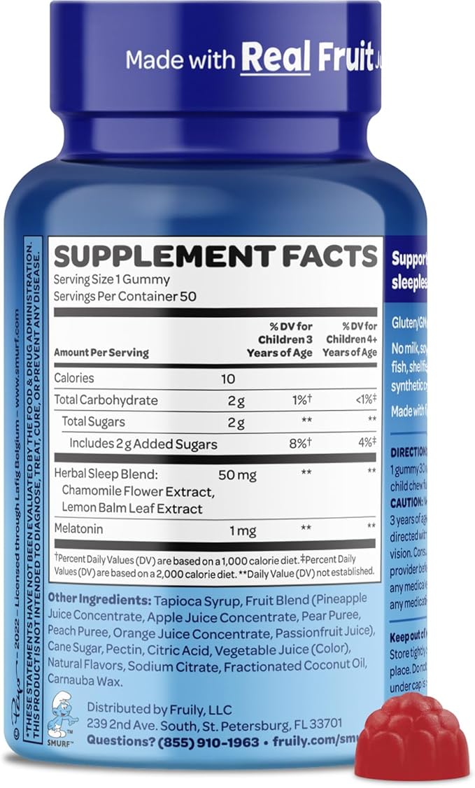 The Smurfs 1mg Melatonin Gummies for Kids with Chamomile & Lemon Balm for a Restful Sleep Age 3+ | Non-Habit Forming | Made with Real Fruit in a Smurf Berry | Doctor Developed | 50 Vegetarian Gummy