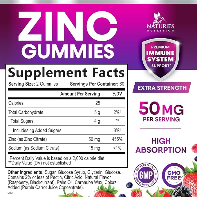 Zinc Gummies 50mg - Bone Skin & Immune Support Health Gummy & Premium Antioxidant Chewable for Adults - High Absorption Vegan, Gluten Free Zinc Supplements Vitamin - Tasty Berry Flavor - 120 Gummies