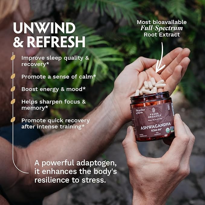 TRIBE ORGANICS Ashwagandha KSM 66 Pure Organic Root Powder Extract Ayurvedic Supplement - Focus Mood Support Increase Energy Strength 600mg of Natural KSM66 for Superior Absorption - 90 Capsules