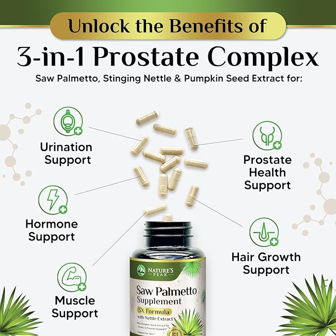 Saw Palmetto for Men Prostate Supplement - Potent 3X Formula with Stinging Nettle + Pumpkin Seed Extract for Men's Health, Herbal Prostate Supplement for Urinary Support, Bottled in USA, 60 Capsules