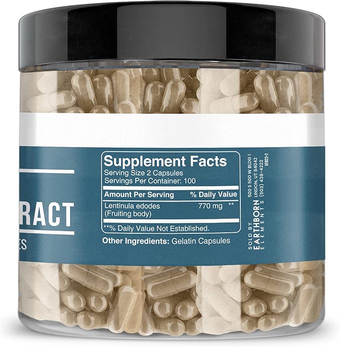 Earthborn Elements Shiitake Mushroom Extract 200 Capsules, Pure & Undiluted, No Additives