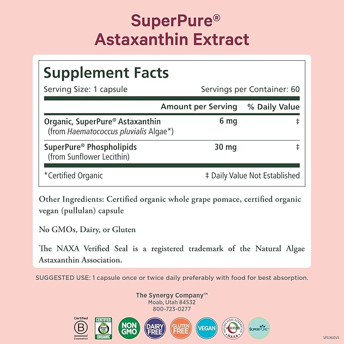 PURE SYNERGY SuperPure Astaxanthin Extract | Organic Astaxanthin from Algae with Sunflower Lecithin | Antioxidant Support for Skin and Eye Health (60 Capsules)