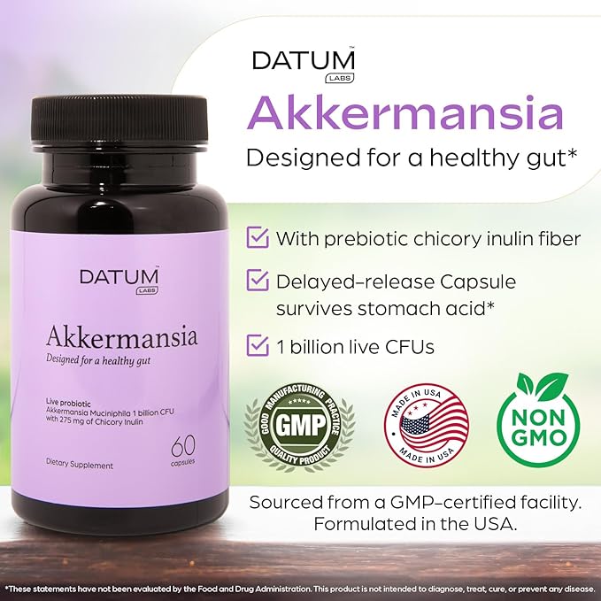 Akkermansia Muciniphila Probiotic + Prebiotic Supplement - Increases GLP-1 Production, Delayed Release, Third-Party Tested, Shelf Stable, 1Bn CFU (60 Acid-Resistant Capsules)