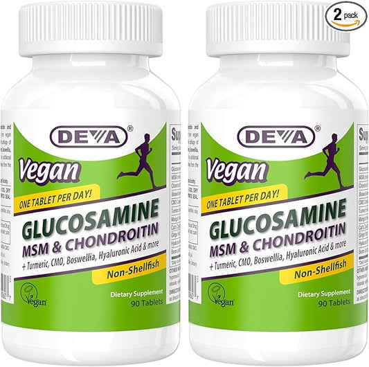 DEVA Vegan Glucosamine MSM & Chondroitin + Turmeric, CMO, Boswellia, Hyaluronic Acid & More, Improved Non-Animal Formula, 90 Tablets (Pack of 2)