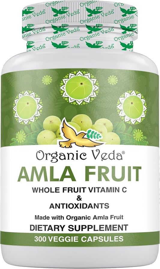 Organic Veda Amla Capsules - 1500mg, 300 Capsules Organic Whole Fruit Amla Powder - Natural Vitamin C for Immunity, Skin Radiance, Antioxidants - Vegan, Non GMO, Raw Vitamin C Supplements