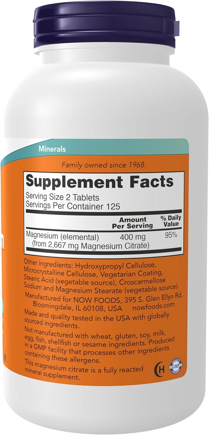 NOW Supplements, Magnesium Citrate 200 mg, Enzyme Function*, Nervous System Support*, 250 Count (Pack of 1)