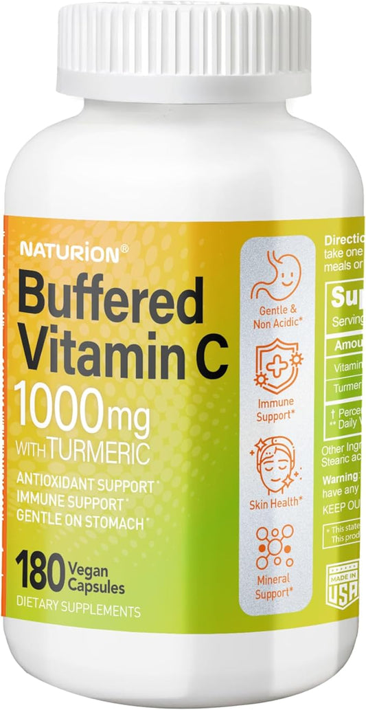 Buffered Vitamin C 1000 mg with Organic Turmeric - Antioxidant & Immune Support - Healthy Skin & Joints - Gluten & Dairy Free - 180 Vegan Capsules, 180 Day Supply