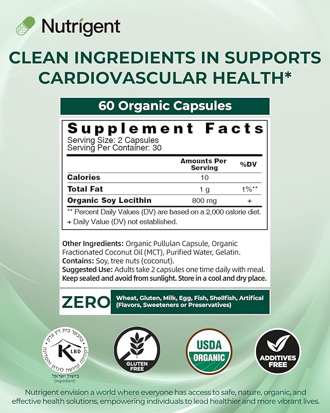 USDA Organic Soy Lecithin Supplement 800 mg, High Absorption Liquid Organic Capsules, Choline Lecithin Supplement for Brain & Liver Health Support, Non-GMO, Gluten Free, 60 Count