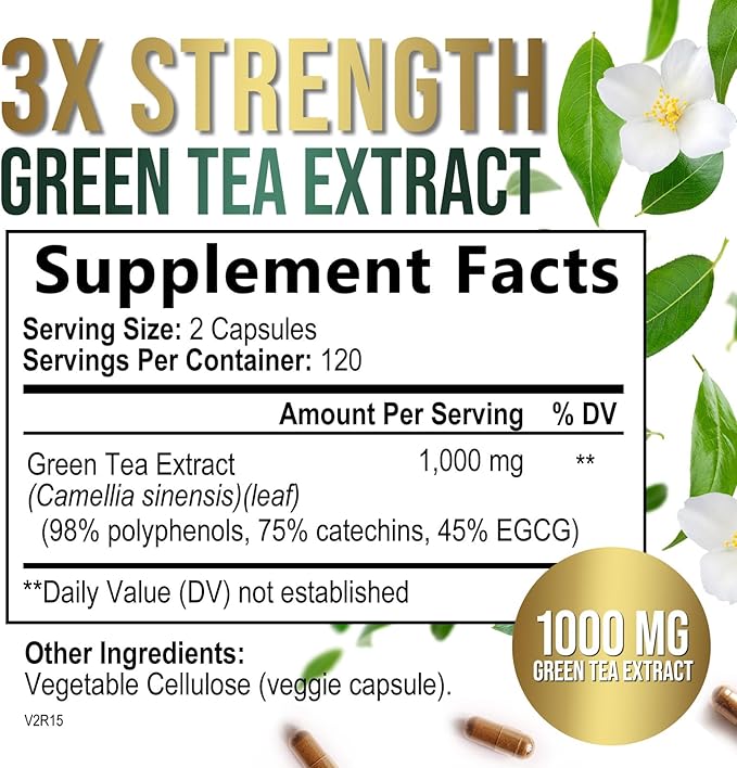 Green Tea Extract Pills 1000mg with EGCG for Heart Support with Antioxidants - 98% Standardized Polyphenols - 3X Absorption Green Tea Capsules for Natural Energy, Gentle Caffeine - 240 Capsules