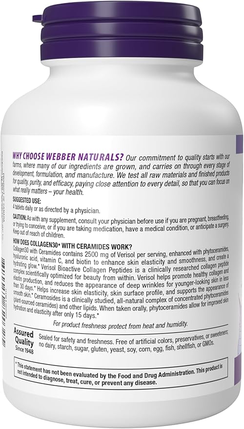 Webber Naturals Collagen30 with Ceramides, Bioactive Collagen Peptides, 120 Tablets, Hydrating Glow, Helps Improve Skin Hydration, Elasticity & Smoothness, Non GMO, Dairy & Gluten Free