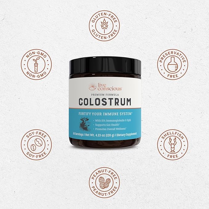 Live Conscious Colostrum Powder - Grass Fed Colostrum Supplement with Lactoferrin for Iron Absorption - Bovine Colostrum an Immune System Supplement