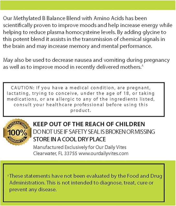 Our Daily Vites L-Methylfolate 15 MG B Complex Balance 5 MTHF Active Folate, Methylated B12, B9, B6, B2 Brain, Heart and Fetal Health, Non-GMO, 60 Count 2 Months