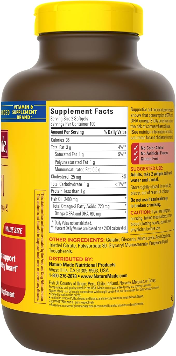 Nature Made Burp Less Fish Oil Omega 3 Supplements, 1200 mg Softgels, Omega 3 Fish Oil for Healthy Heart Support, 200 Softgels, 100 Day Supply