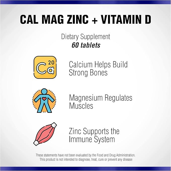 Calcium Magnesium Zinc Vitamin D Supplement 60 Tablets by Natural Systems - Calcium Magnesium Zinc and VIT D Supplements for Strong Immune System - Magnesium Supplement for The Immune System