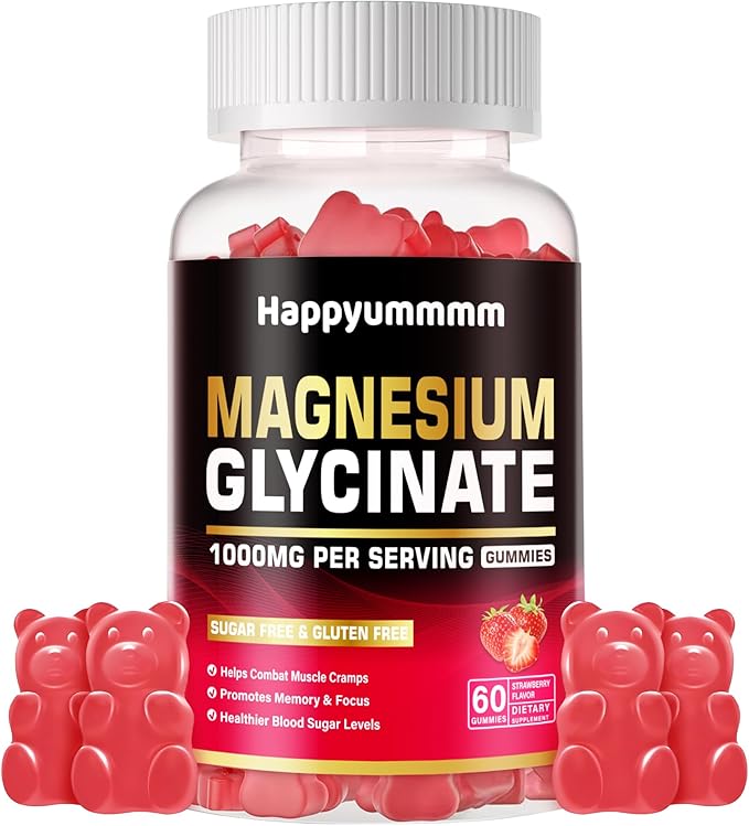 Magnesium Glycinate Gummies 1000mg - Sugar Free Magnesium Potassium Supplement with Vitamin D, B6, CoQ10 for Calm Mood & Sleep Support - 60 Strawberry Gummies.