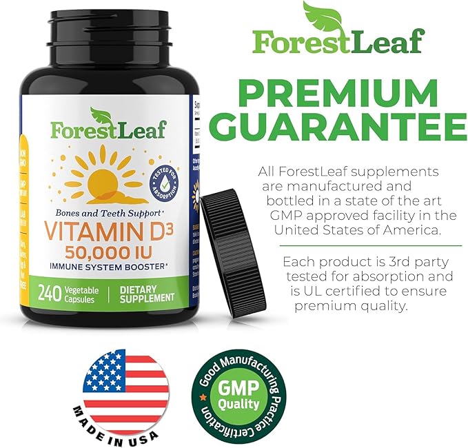 ForestLeaf Vitamin D3 50,000 IU | VIT D - VIT D3 Vitamin D Supplement for Women and Men | Bone Health, Teeth, Immune Support | Easy to Swallow Pills | High Potency WEEKLY Dose, 4-Year Supply, 240 Caps