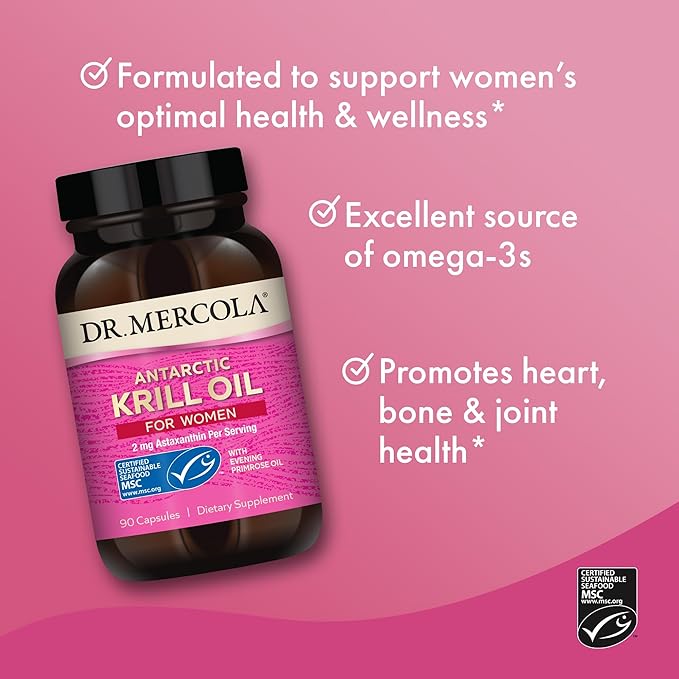 Dr. Mercola Krill Oil for Women - 2 mg Astaxanthin - MSC Certified Sustainable - Supports Brain, Skin & Immune Systems - with Omega-3s - Non-GMO, Gluten-Free & Soy-Free - 90 Capsules (30 Servings)