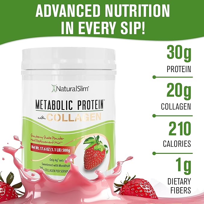 NaturalSlim Metabolic Protein Powder with Collagen Strawberry - Hydrolyzed Collagen Protein Powder for Hair, Skin, Bone, Joint, and Metabolism - Low Carb Meal Replacement Shake Mix - 17.6 oz