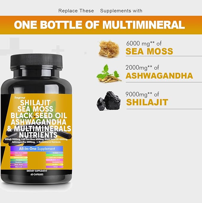 Shilajit 9000mg Sea Moss 6000mg Black Seed Oil 4000mg Ashwagandha 2000mg Burdock 1000mg & Vitamin C & D3 with Elderberry rhodiola rosea Dandelion Yellow Dock Turmeric ACV