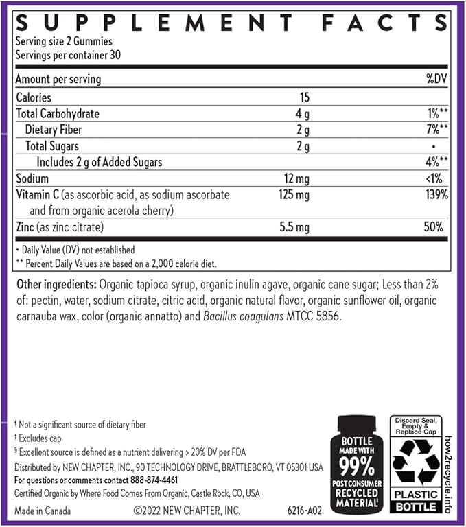 New Chapter Vitamin C+ Gummies – 40% Less Sugar§, Excellent Source of Vitamin C, Two Daily Gummies for Immune Support with Acerola Cherry, Vegan, Non-GMO, Gluten Free, Citrus Flavored, 60ct