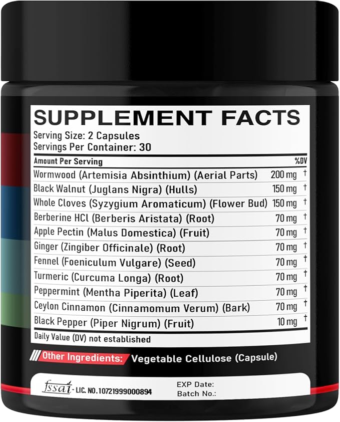 Wormwood Capsules Supplement - Extracted from Black Walnut, Cloves, Turmeric, Apple, Berberine HCl & More - 11 Ingredients combined for Immune System, Body Management & Digestion Health - 60 Capsules