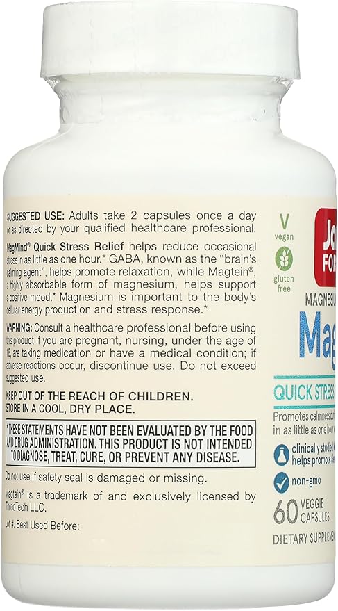 Jarrow Formulas Magnesium L-Threonate, MagMind Quick Stress Relief, Dietary Supplement Featuring GABA, 60 Capsules, Up to a 30 Day Supply