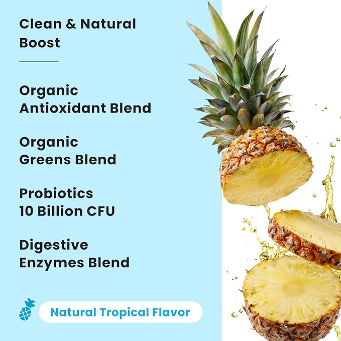 NutraChamps Super Greens Powder Premium Superfood | 20+ Organic Green Veggie Whole Foods | Wheat Grass, Spirulina, Chlorella | Antioxidant, Digestive Enzyme & Probiotic Blends (9.1 OZ, Tropical)