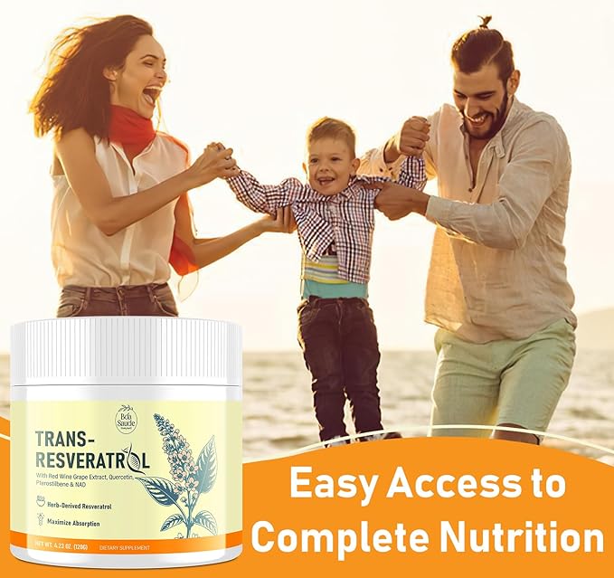Trans-Resveratrol Powder Supplement with Red Wine Extract, Quercetin, Pterostilbene & NAD, 4.23 OZ, 30-Day Serving