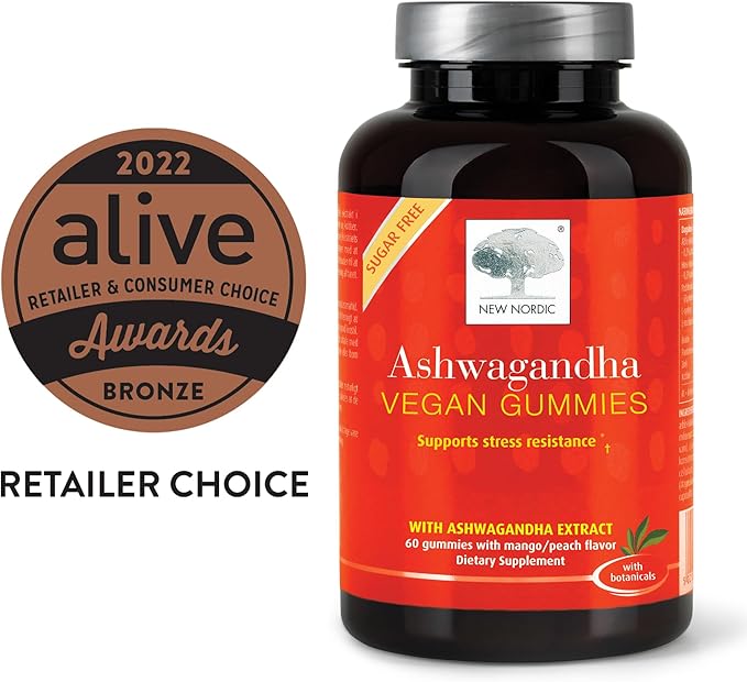NEW NORDIC Ashwagandha Gummies, 300 mg Ashwagandha Root Extract, Sugar Free, Adaptogens for Men and Women, Delicious Mango Peach, 60 Gummies