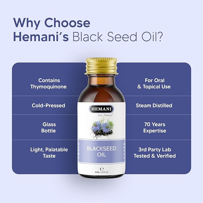 Hemani Black Seed Oil 30ml - Pure Premium Cold Pressed Nigella Sativa Black Cumin Oil for Digestive Health, Brain Function, Immune System Support. Natural Source of Thymoquinone