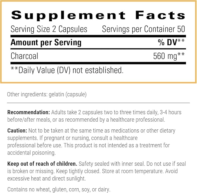 Integrative Therapeutics Activated Charcoal - Gluten Free - Dairy Free - 100 Capsules