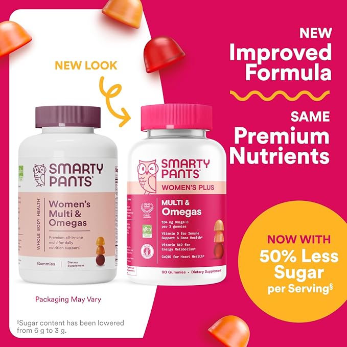 SmartyPants Women's Multivitamin Gummies - Improved Formula: Omega 3 (DHA/EPA), Methylfolate, CoQ10, Vitamin D3, C, Vitamin B12, B6, A, K & Zinc, Inositol, Gluten Free, 90 Count (30 Day Supply)