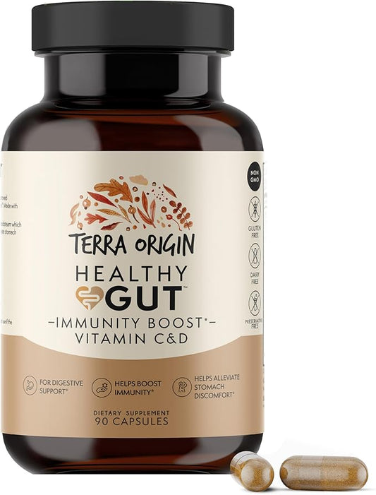 TERRA ORIGIN Healthy Gut Capsules with Immunity Boost | 90 Capsules | Non GMO, Gluten Free, Dairy Free | Digestive Support for Men and Women