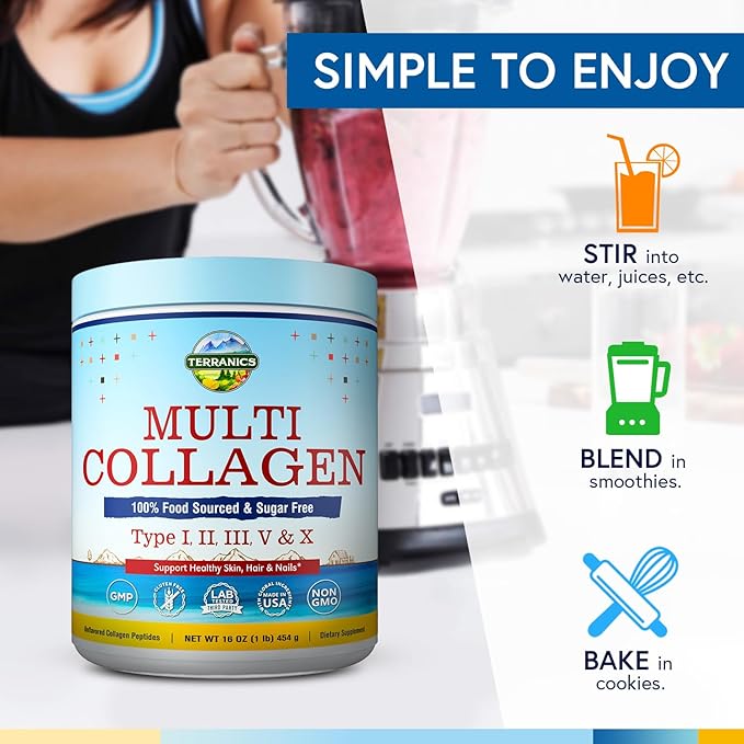 Terranics Multi Collagen Peptides Powder, Type I II III V X Hydrolyzed Collagen for Women+Men, Collagen Supplements for Skin Nail Hair, Fast Dissolve, Unflavored Colageno, No Sugar, Keto, 16oz