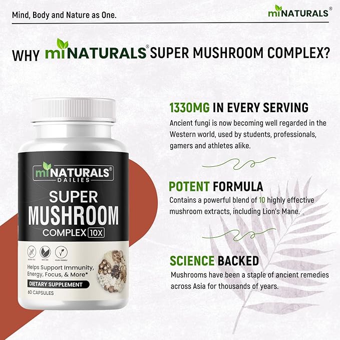 Mushroom Complex Capsule - Lion's Mane, Reishi, Cordyceps, Chaga, Turkey Tail, Maitake - Supplement Real Fruiting Body - 10 in 1