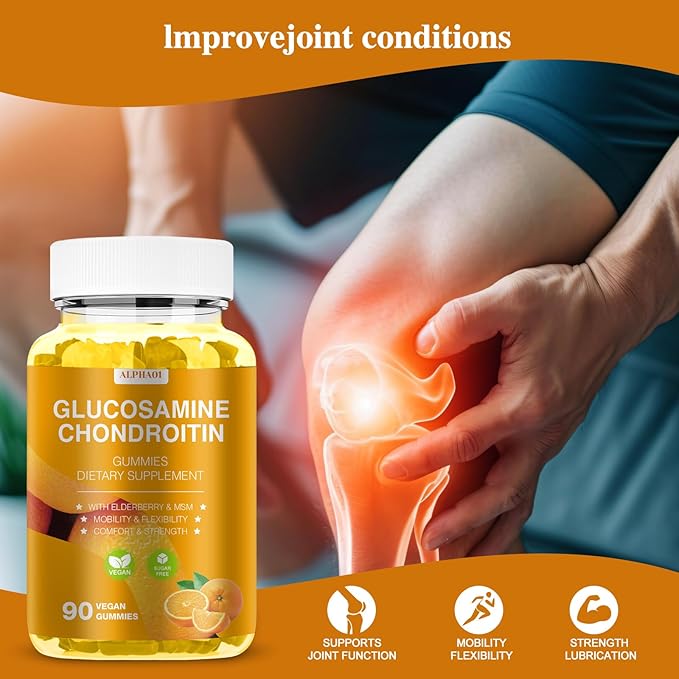 Glucosamine Chondroitin Gummies - 3000MG Extra Strength Joint Support Supplement with MSM & Elderberry, Flexibility, Antioxidant Immune Support Gummy for Adults, Men & Women - 90 Orange Gummies