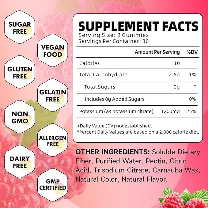 2 Pack Potassium Citrate Gummies, High Potassium Supplement Gummies 1200mg Support Leg Cramps & Muscle Health, Potassium Gummies for Adults & Kids, Vegan, Raspberry Flavor 120 Count