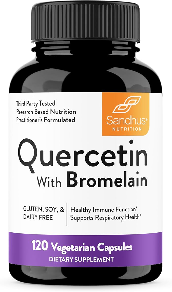 Sandhu's Quercetin with Bromelain Supplement - 1000mg Per Serving 120 Vegetarian Capsules - Bioflavonoids Quercitin Complex for Immune Support & Respiratory Health