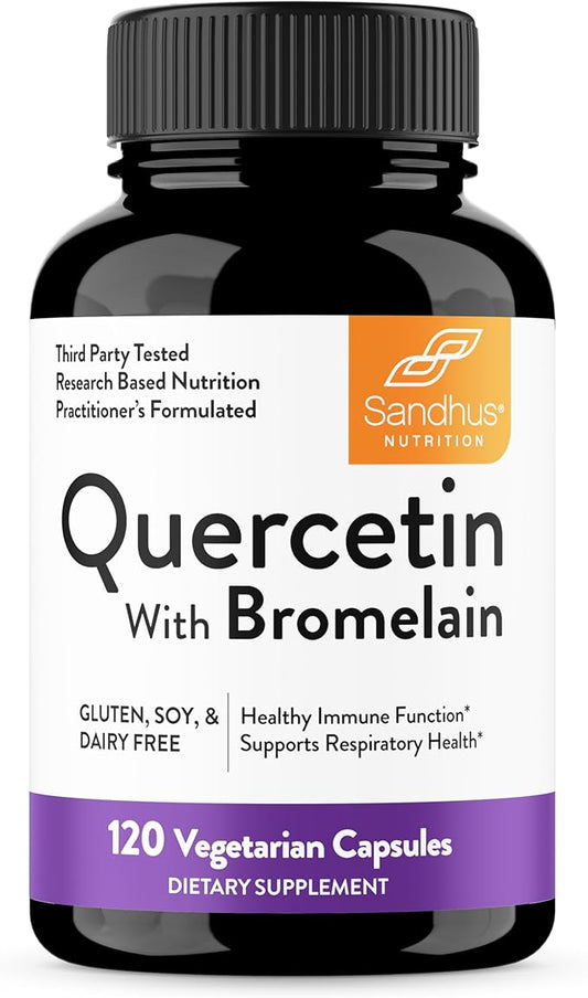 Sandhu's Quercetin with Bromelain Supplement - 1000mg Per Serving 120 Vegetarian Capsules - Bioflavonoids Quercitin Complex for Immune Support & Respiratory Health